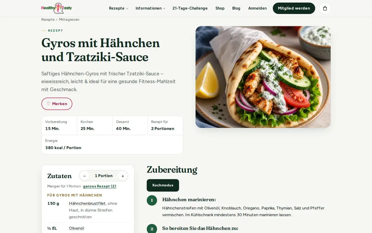 HealthyAndTasty.ch – Rezeptseite mit Nährwerten