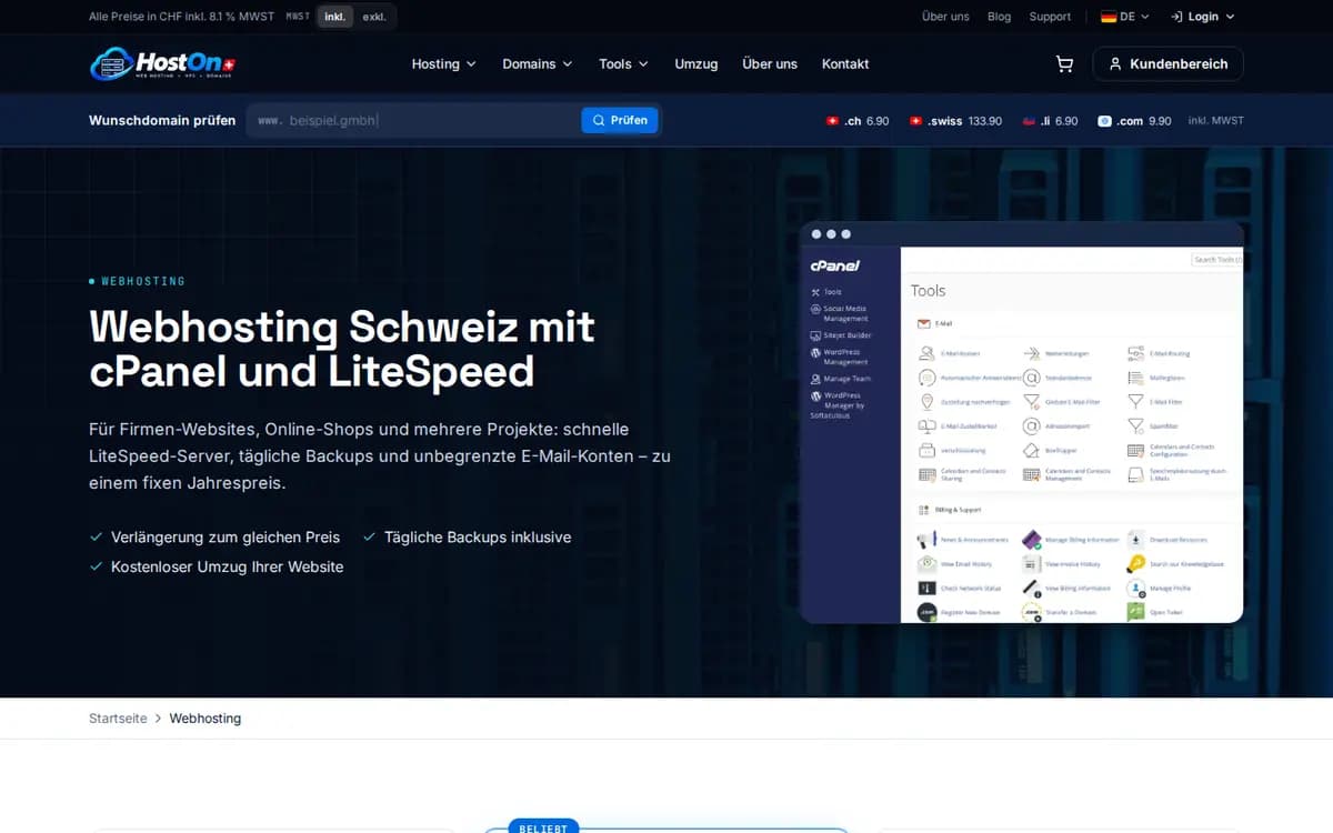 HostON.ch – Web hosting page